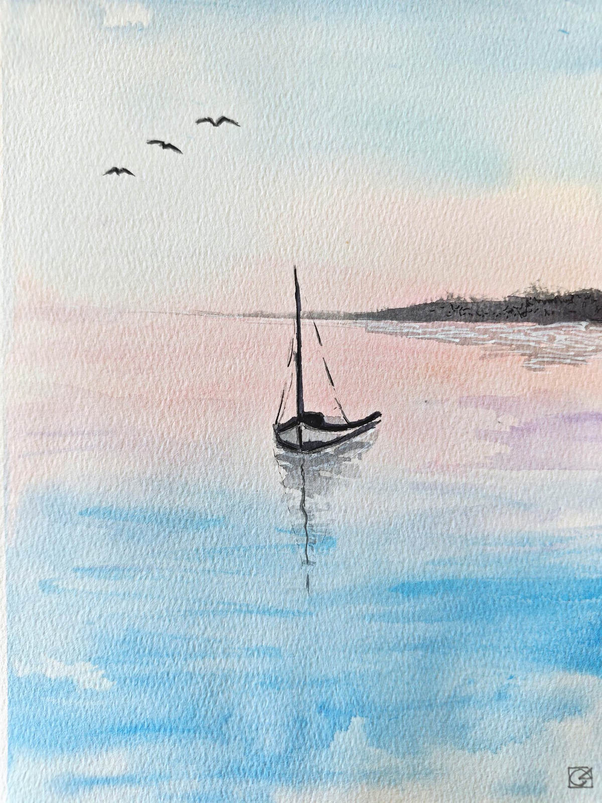 A sailboat on calm water beneath a pale blue, pink and lavender sky, with three flying birds.